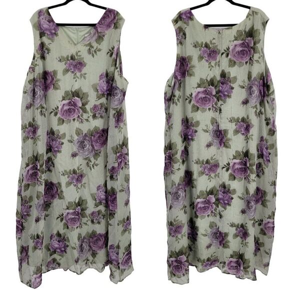Vintage 80's Dress Set Plus Size 32W Crinkle Chiffon Shift Maxi Floral Sage - Picture 2 of 16